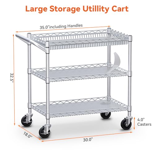 Heavy Duty Rolling Utility Cart with 3 Shelves - Silver, 990 Lbs Capacity