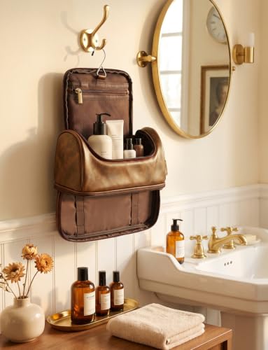 Personalized PU Leather Travel Toiletry Bag for Men Him - Light Brown M