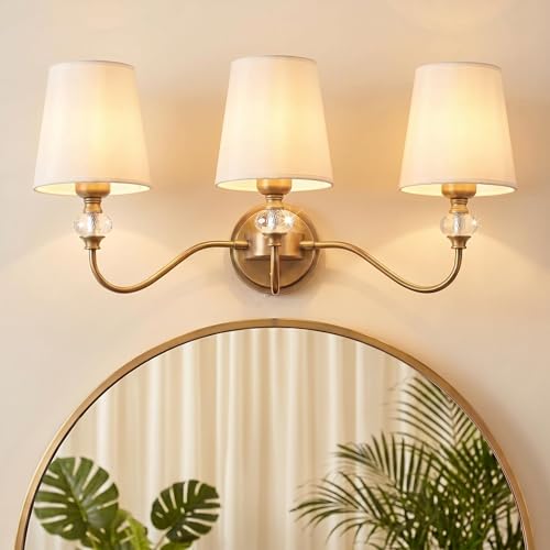 Brass 3-Light Vintage Bathroom Vanity Light Fixture with Fabric Shades - Over Mirror, Crystal Accent, Modern Wall Sconce, E26 Base