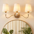 Brass 3-Light Vintage Bathroom Vanity Light Fixture with Fabric Shades - Over Mirror, Crystal Accent, Modern Wall Sconce, E26 Base