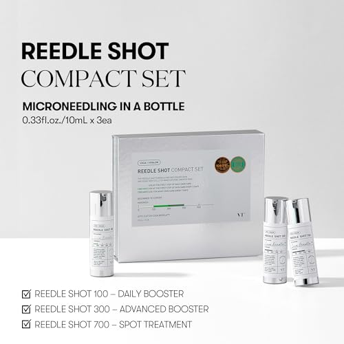 VT COSMETICS Reedle Shot Compact Set, Microneedling Serum Gift Set with Reedle Shot 100, 300, 700, Exfoliating, Anti-Aging, Travel Size Skincare, Gift Set for Glass Skin (0.34 oz / 10ml each)