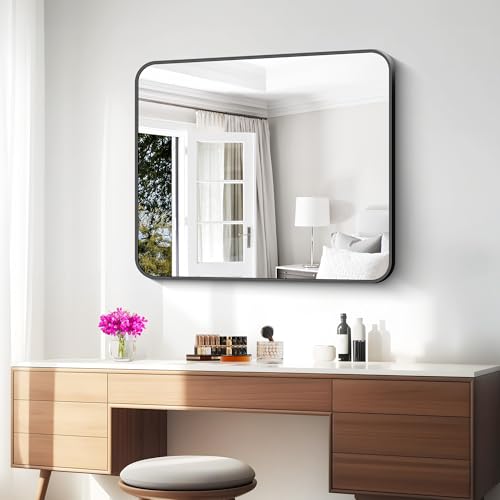 30x36 Inch Black Bathroom Mirror - Rounded Corner Wall Mount Vanity Mirror with Frame, Horizontal or Vertical Hang, Safety Glass