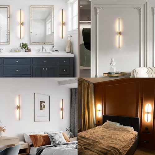 24 Inch Narrow Gold Wall Sconce Set of 2 - Suitable for Small Junction Box, Modern Picture Lights, Dimmable Vanity Lights for Bathroom & Bedroom - Variation: 24 Inch Suitable for Small Junction Box Only / 2X Hardwired Gold Sconce