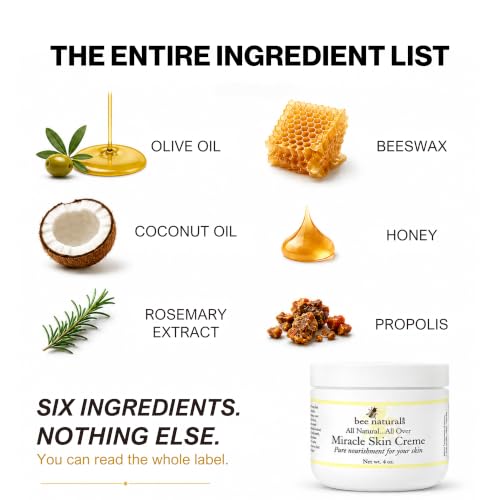 Bee Naturals Miracle Skin Creme 4 oz All-Natural Hydrating Body & Face Moisturizer - Pure Nourishment with Olive Oil, Beeswax & Coconut Oil