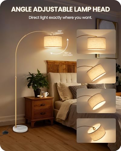 75-Inch Dimmable Gold Arc Floor Lamp with Marble Base - Beige, Adjustable Height, Remote