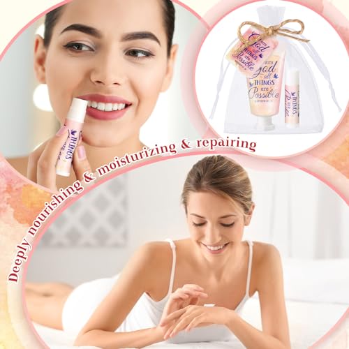 24 Sets Christian Hand Cream and Lip Balm Gift Set Christmas Christian Gift for Women Travel Size Hand Lotion Bible Verse Lip Balm Bulk for Baby Bridal Shower Mom Holiday Gift (Lovely)
