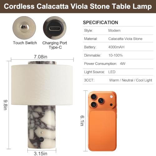 Calacatta Viola Marble Cordless Dimmable Table Lamp - Touch Control, 4000mAh
