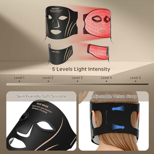 Red Light Face & Neck Mask - Anti-Aging Skin Firming, 7 Color Modes, Portable Rechargeable - Black