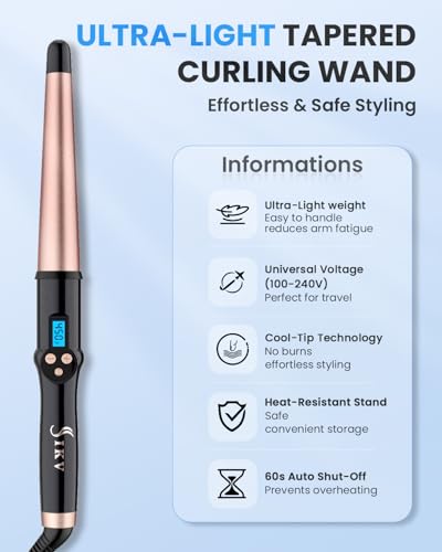 Dual Voltage Tapered Curling Wand 0.75-1.25 Inch for Travel, Ceramic Hair Iron with Glove