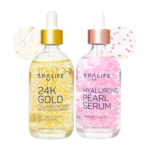 SpaLife 24k Gold & Hyaluronic Pearl Anti-Aging Serum Duo - AM & PM Facial Routine - Hydrating & Firming Skin Care - 2 x 3.7 Fl Oz