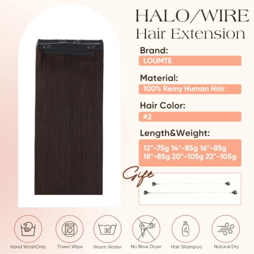 LOUMTE Dark Brown Hair Extensions 20 Inch 105g - Remy Human Hair, Seamless Fish Line, Easy Clip-In - Variation 2#