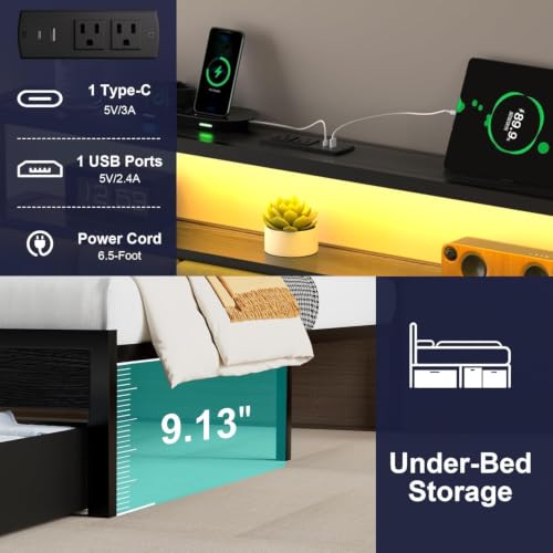 Twin Bed Frame with Storage Drawers, LED Lights & Charging Station