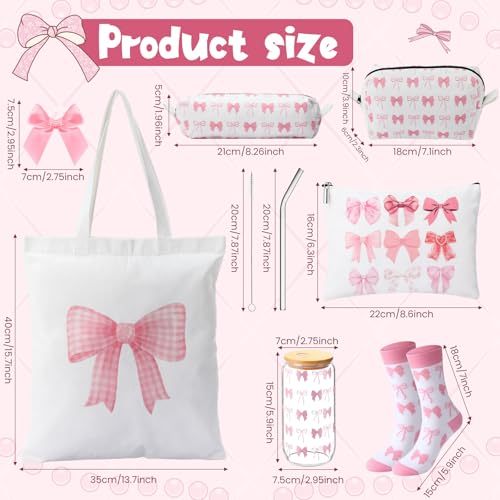 Coquette Gift for Women Bow Preppy Makeup Bag Set Aesthetic Glass Cups with Lids, Canvas Tote Bag Gift Set, Bow Themed Gifts for Woman(Pink)