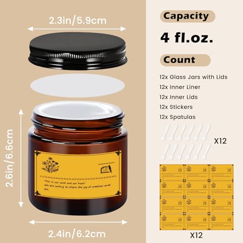 4oz Airtight Amber Jars - Leak Proof Cosmetic Containers with Inner Caps & Liners, UV Protection for DIY Lotion, Travel, Candle Supplies (12, Amber)