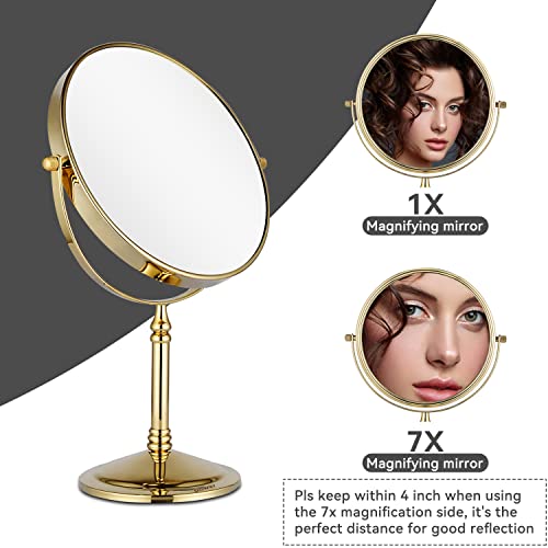 DOWRY 8-Inch Tabletop Two-Sided Swivel Vanity Mirror with 7X Magnification Gifts for Women Wife Mom Teengirls Gold Finish (7X)