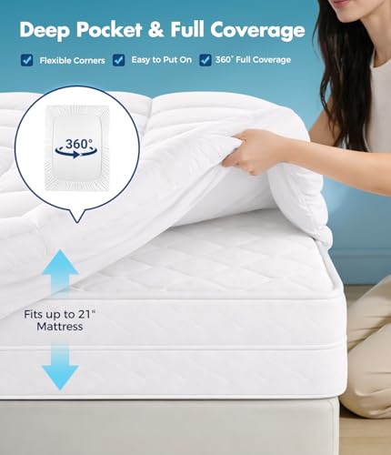 Queen Cotton Mattress Topper - Extra Thick Pillow Top Bed Pad
