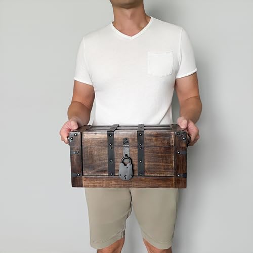 Large Nautical Cove Handmade Wooden Treasure Chest with Leather Straps & Lock, 14x8x6.75 inches