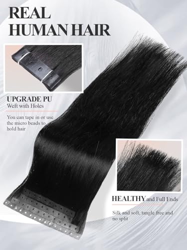 20 Inch Black Human Hair Extensions Micro Ring Weft - Glueless Natural Black Remy Hair Set 35g