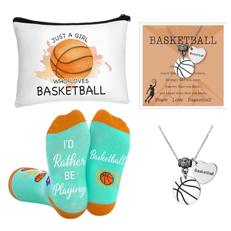 5 Pcs Basketball Gifts for Women Girl Basketball Party Favors Team Players Gift Makeup Bag Necklace Earrings Socks for Sport Birthday Athlete Reward Gifts Stuff
