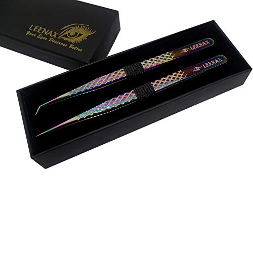 Eyelash Extension Tweezers Fiber Tip (Anti ? Slip) Set of 2 pieces straight & curved with Diamond Grip, Rainbow Colour,14cm, volume Tweezers, Lash Extension Precision tweezers. (Multi)