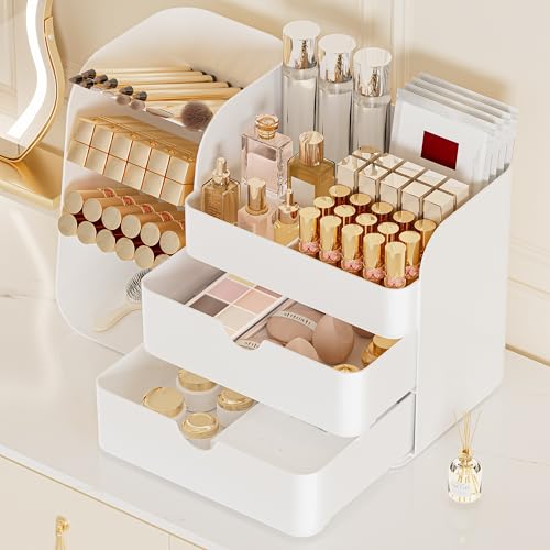 Makeup Organizer with 2 Drawers & Brush Holders - All White, M