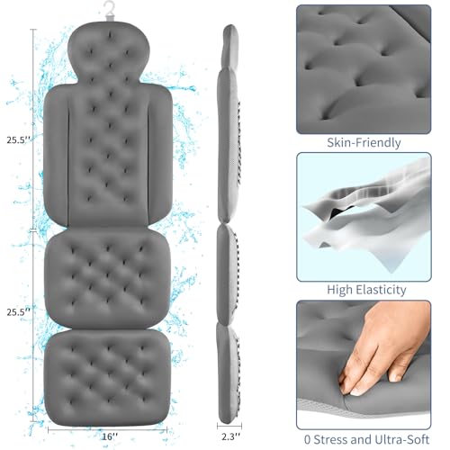 Bath Cushion, Full Body Bathtub Pillow with 160 Suction Cups, Bath Mat for Head and Neck Support, with Laundry Bag (Dark Gray, 51" x 16")