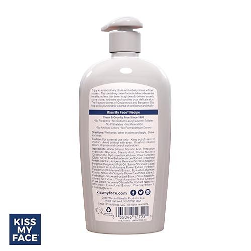 Kiss My Face Cedarwood + Bergamot Moisture Shave - 4 In 1 Shaving Cream - Cruelty Free and Vegan - With added Olive Oil and Aloe Leaf Extract - Vitamin E Rich - 11 fl oz Pump Bottle (Pack of 2)