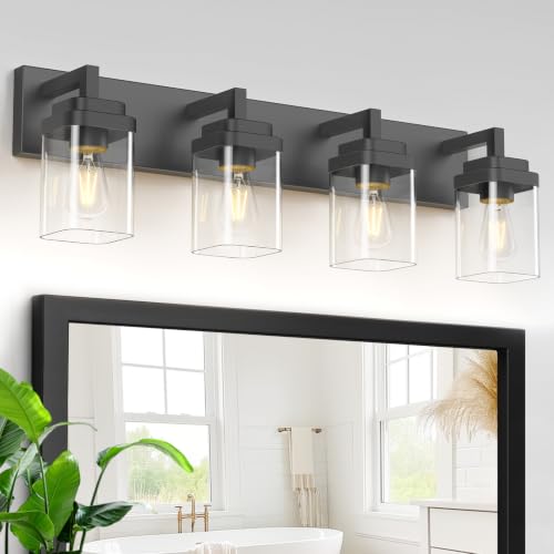 Matte Black Bathroom Light Fixtures - 4-Light Modern Vanity with Clear Glass Shades - Black / 4-Light