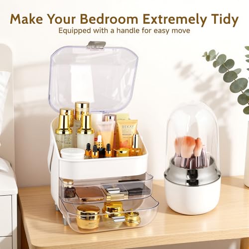 Large Makeup Organizer with Drawers & Rotating Brush Holder - Vanity Storage Case