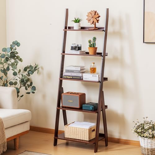 5-Tier Bamboo Ladder Shelf Bookcase - Walnut Finish, Free Standing Storage Organizer