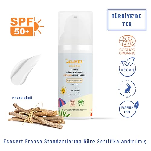 ALIYES SPF 50+ Organic Baby&Kids Mineral Sunscreen ? Safe for Babies - Water Resistant Sun Cream ? Broad Spectrum UVA/UVB Sun Protection ? Vegan Baby Sunscreen Lotion, 1.69 FL