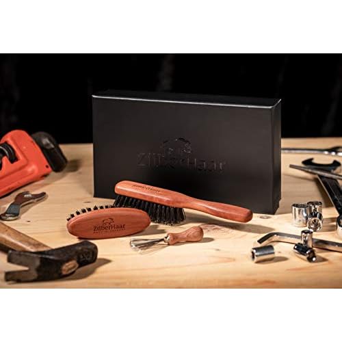 ZilberHaar Beard Brush Grooming Kit - Stiff Bristles Boar Bristles - Ideal for Medium to Long, Thick Beards - Distributes Balm & Oil for Growth/Styling - With Brush Cleaning Tool