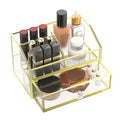 FSyueyun Makeup Organizer for Vanity, Clear Glass Drawer Organization and Storage Jewelry Display Case Gold Cosmetics Storage Lipstick Organizer Tray Perfumes for Bathroom Counter or Dresser