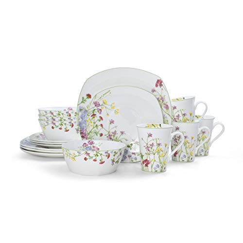Mikasa Wildflower Garden 16-Piece Bone China Dinnerware Set for 4 - Floral Square Plates & Mugs