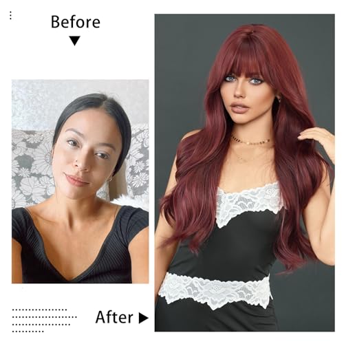 TRUMOST Wine Red Wavy Wig 28 Inch Burgundy Synthetic Heat-Resistant Hair for Women