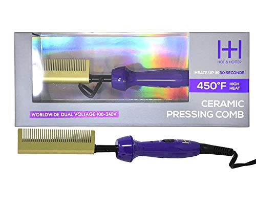 Hot & Hotter Ceramic Hair Pressing Comb - Purple & Gold, 450°F, Dual Voltage