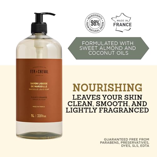 Fer a Cheval Marseille Liquid Soap, Orange Blossom, 1 L / 33.8 fl oz ? Gentle Hand and Body Wash with Shea Butter ? Made in France