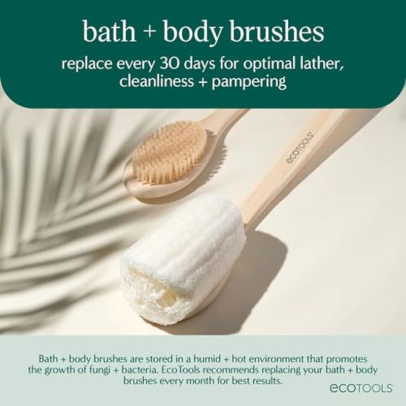 EcoTools EcoPouf Bath Brush, Loofah Brush For Bath & Shower, Made With Long Handle & Recycled, Soft Netting For Gentle Exfoliation, Back Brush For Men & Women, Eco-Friendly & Cruelty-Free, 2 Count