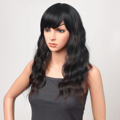 18 Inch Wavy Synthetic Wig with Bangs - Black with Brown Highlights, Heat Resistant, Natural Look, Comfortable Fit