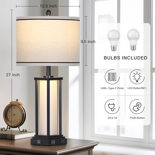 27-Inch Vintage Black Farmhouse & Industrial Table Lamp Set with USB-C, Outlet & Frosted Glass Night Light - Variation: Black