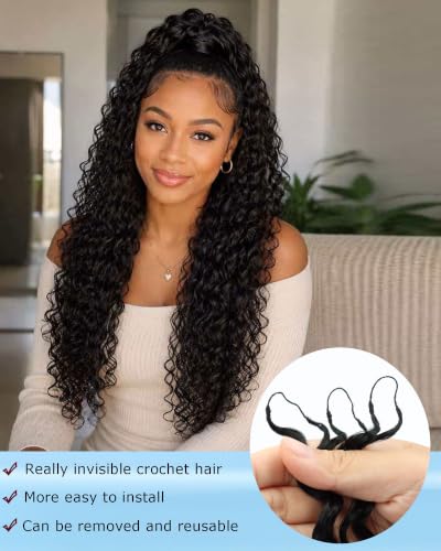 LYCSOU 18 Inch Curly Feather Crochet Hair - 100 Strands, Deep Wave, Knotless, 200g, Black Women Protective Style
