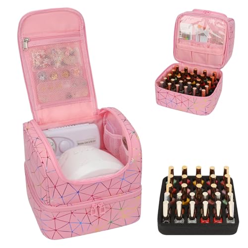 CUBETASTIC Triangle Pink Nail Polish Organizer Bag - Holds 27 Bottles & Lamp, Travel Manicure Case