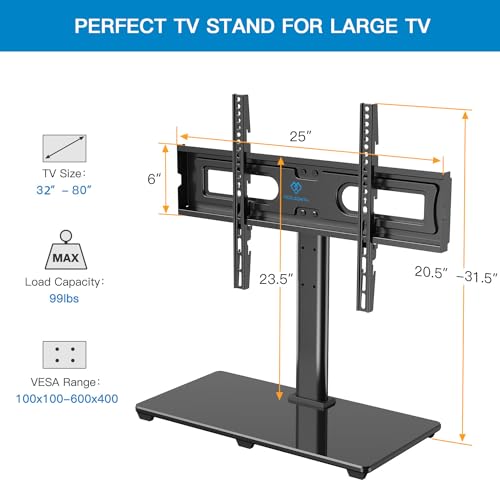 Universal Tabletop TV Stand for 32-82 Inch Screens - Compatible with VESA 100x100mm to 600x400mm with Tempered Glass Base - Adjustable Height