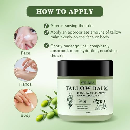 Beef Tallow and Honey Balm for Skin - All-Natural Moisturizer Hydrates and Nourishes the Skin, Grass-Fed Beef Tallow & Honey Balm Blend, Deeply Moisturizing for Face & Body Natural Skin Care
