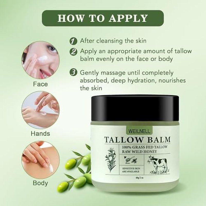 Beef Tallow and Honey Balm for Skin - All-Natural Moisturizer Hydrates and Nourishes the Skin, Grass-Fed Beef Tallow & Honey Balm Blend, Deeply Moisturizing for Face & Body Natural Skin Care