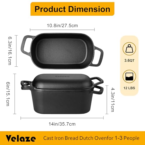 Velaze 3.6 Qt Oval Cast Iron Dutch Oven for Bread Baking - Black