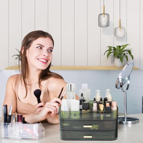 Makeup Organizer with 2 Drawers and Top Tray - Green, Separable & Stackable