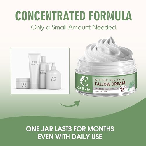 100% Grass-Fed Whipped Tallow Cream - 4 OZ Anti-Wrinkle Face+Body Balm ? Organic Beef Tallow with Jojoba Oil ? Deep Hydration for Dry, Sensitive & Irritated Skin | Herb-Infused Unscented