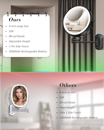 Vpu 9-Inch Wall Mounted Magnifying Makeup Mirror with Light, Adjustable Height, Black