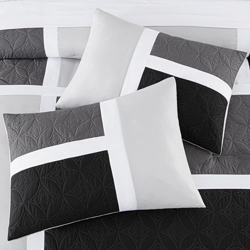 Chezmoi Collection Upland 7-Piece Quilted Patchwork Comforter Set Queen Black Gray Light Gray